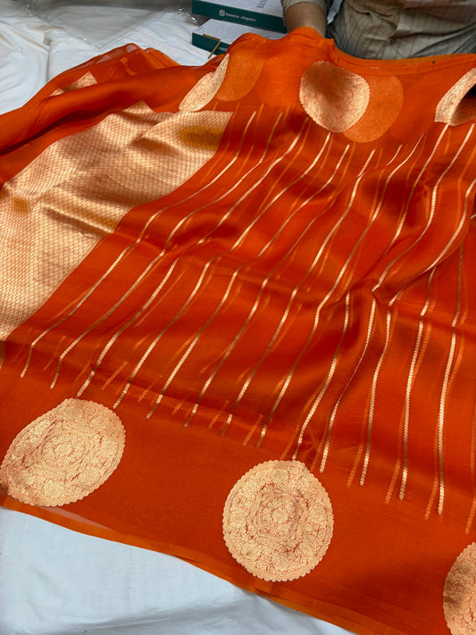 Pure handloom organza silk saree in orange colour