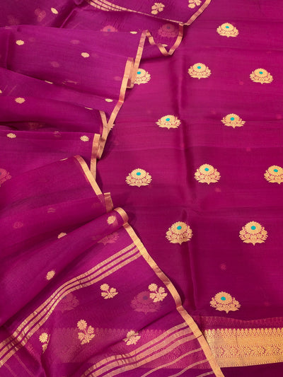Pure Handloom Kora silk suit set in purple wine colour