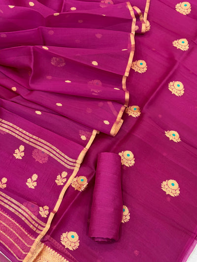 Pure Handloom Kora silk suit set in light Magenta colour with meenakari work