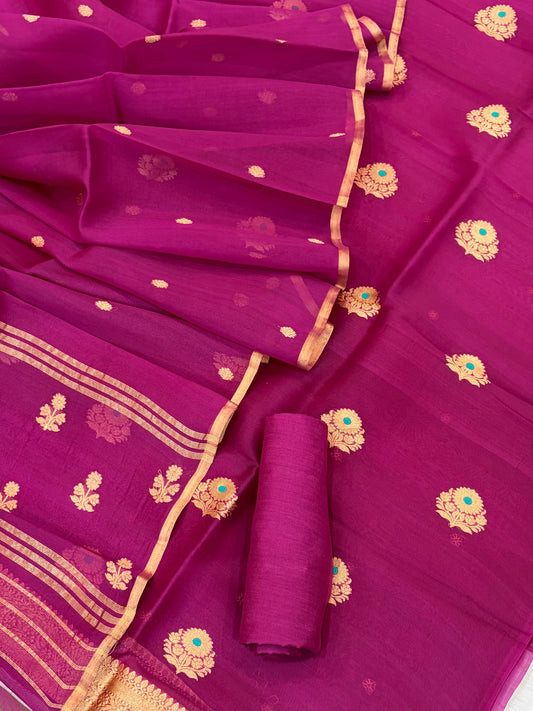 Pure Handloom Kora silk suit set in light Magenta colour with meenakari work