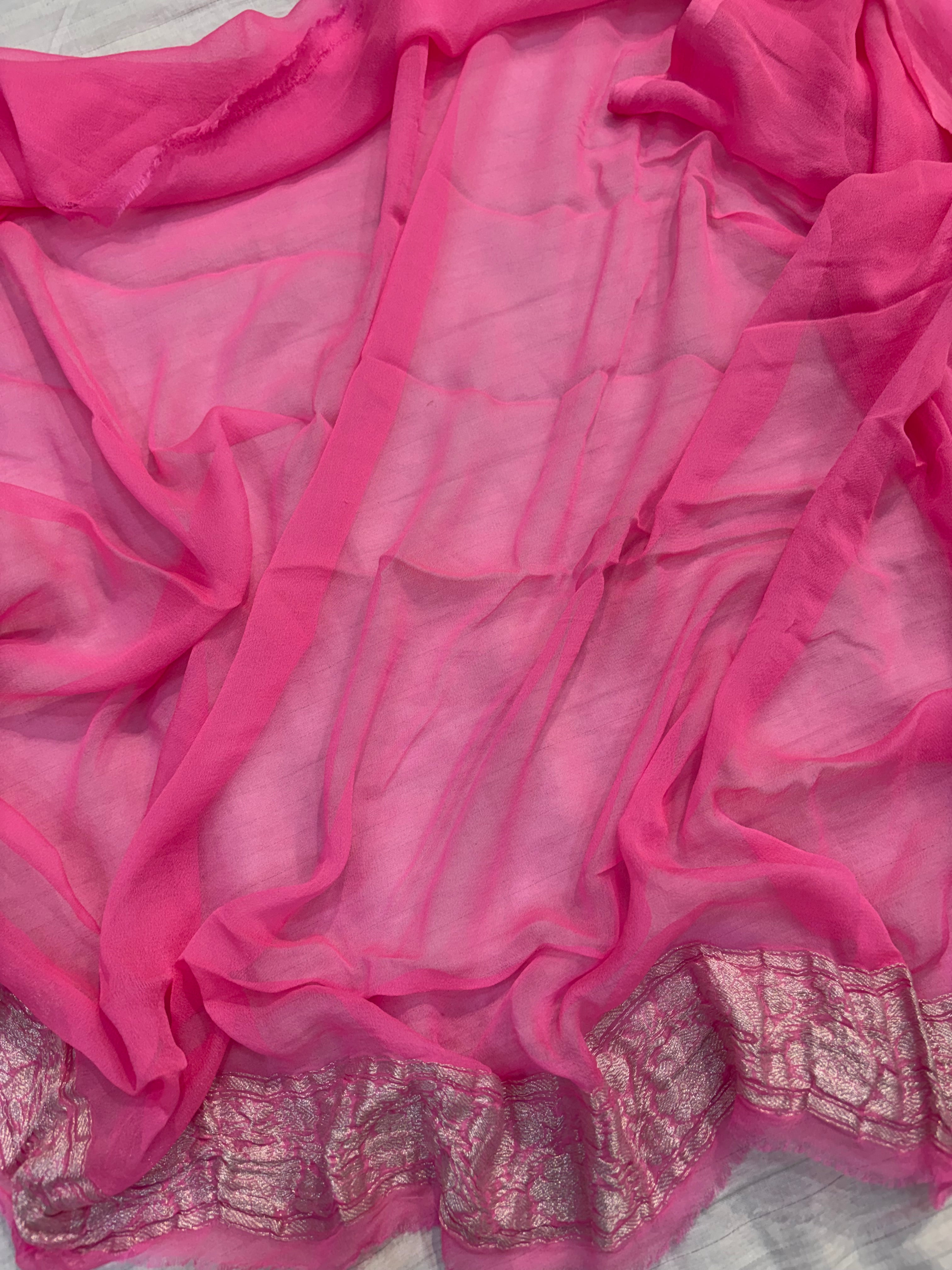 Pure khaddi chiffon saree in fuchsia pink colour