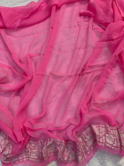 Pure khaddi chiffon saree in fuchsia pink colour