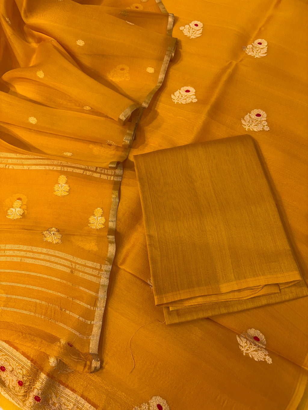 Pure Handloom Kora silk suit set in mustard yellow colour with meenakari work