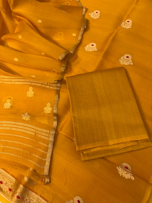 Pure Handloom Kora silk suit set in mustard yellow colour with meenakari work