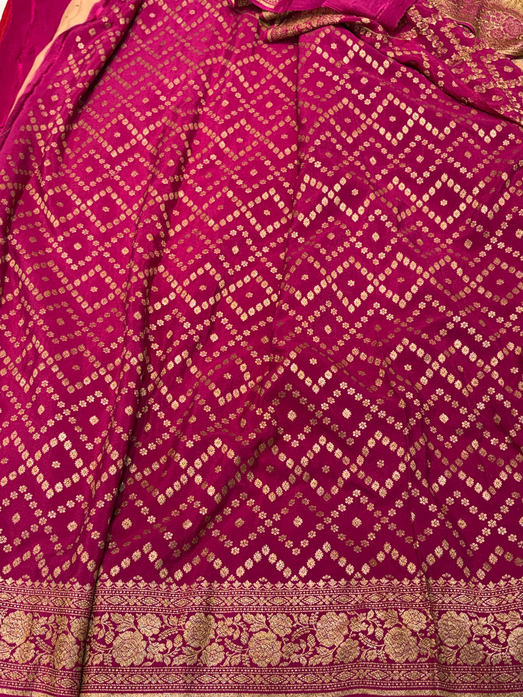 Pure khaddi crepe silk saree in blood red with rani pink colour