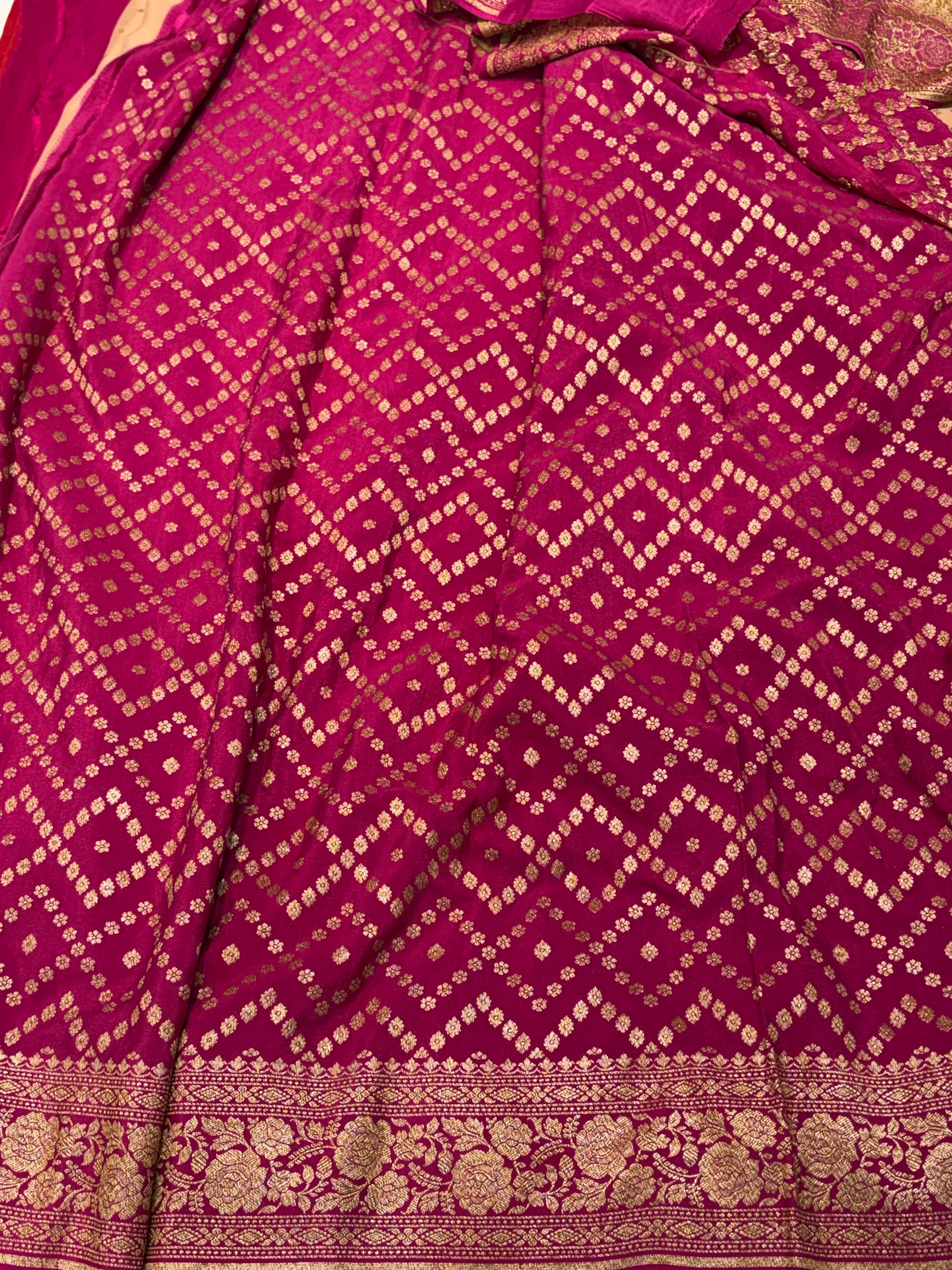 Pure khaddi crepe silk saree in blood red with rani pink colour