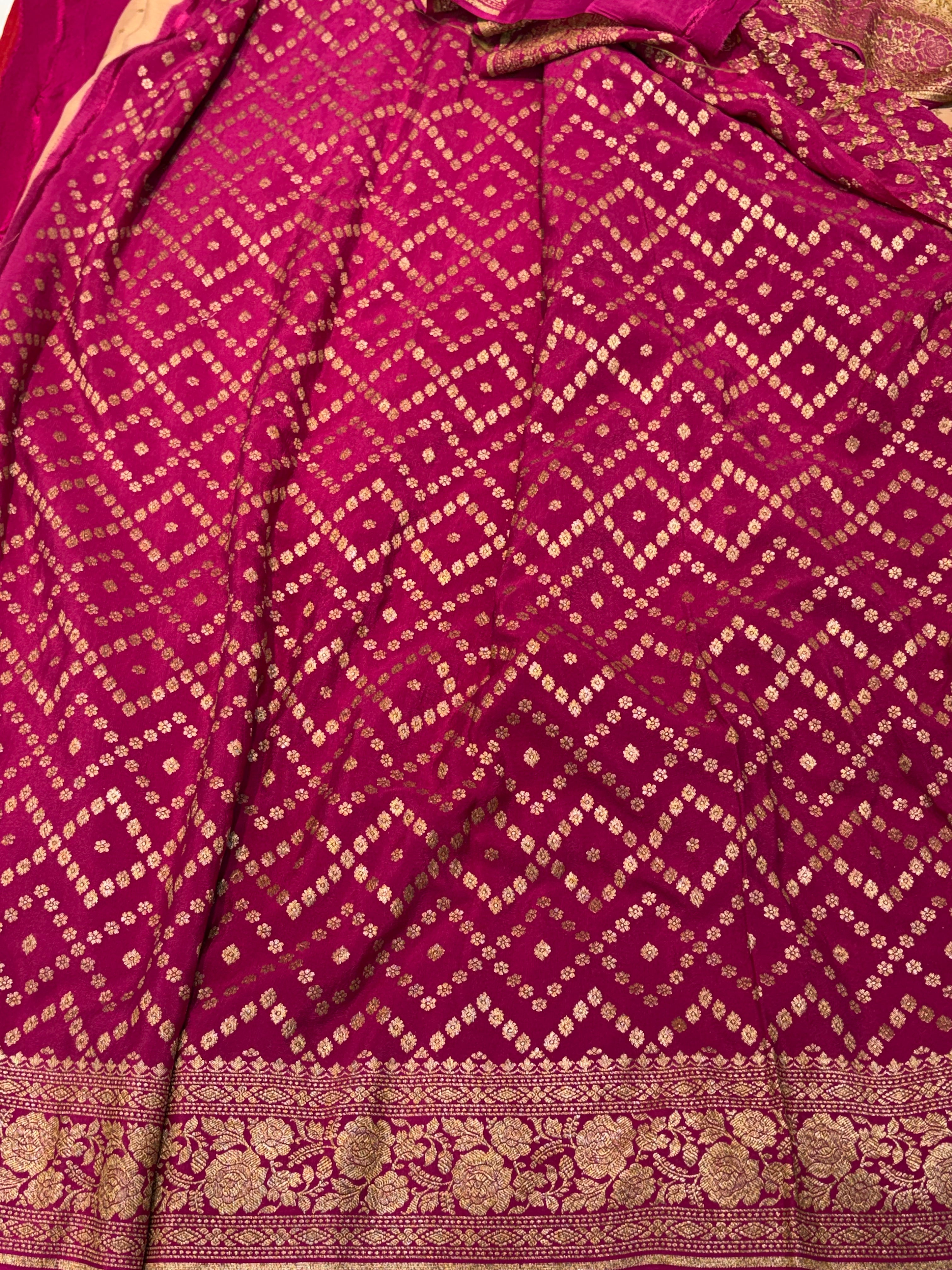 Pure khaddi crepe silk saree in blood red with rani pink colour