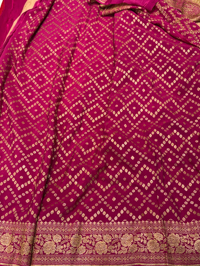 Pure khaddi crepe silk saree in blood red with rani pink colour