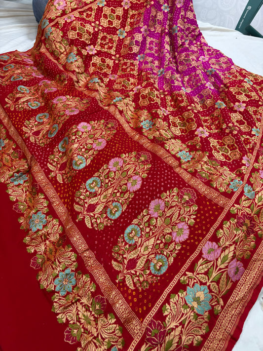 Pure Tilfi Georgette Bandhani sarees in red colour