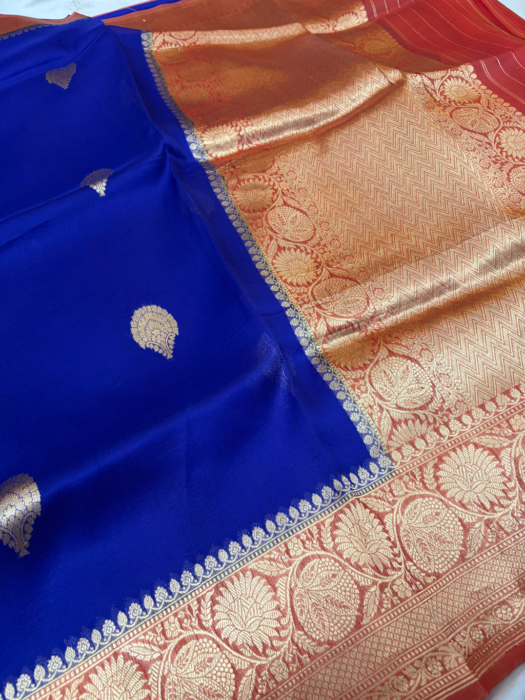Pure handloom organza silk saree in royal blue with dark peach colour