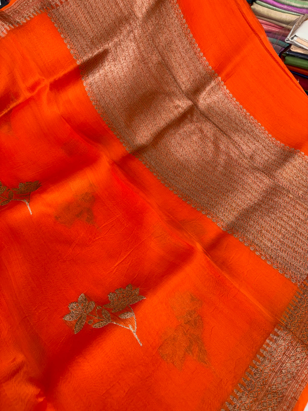Pure handloom organza silk saree in orange colour
