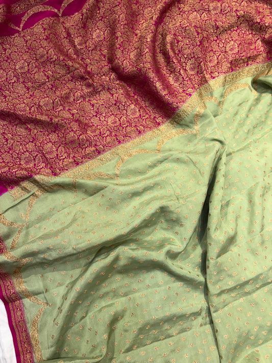 Pure khaddi crepe silk saree in pista green with Rani pink colour
