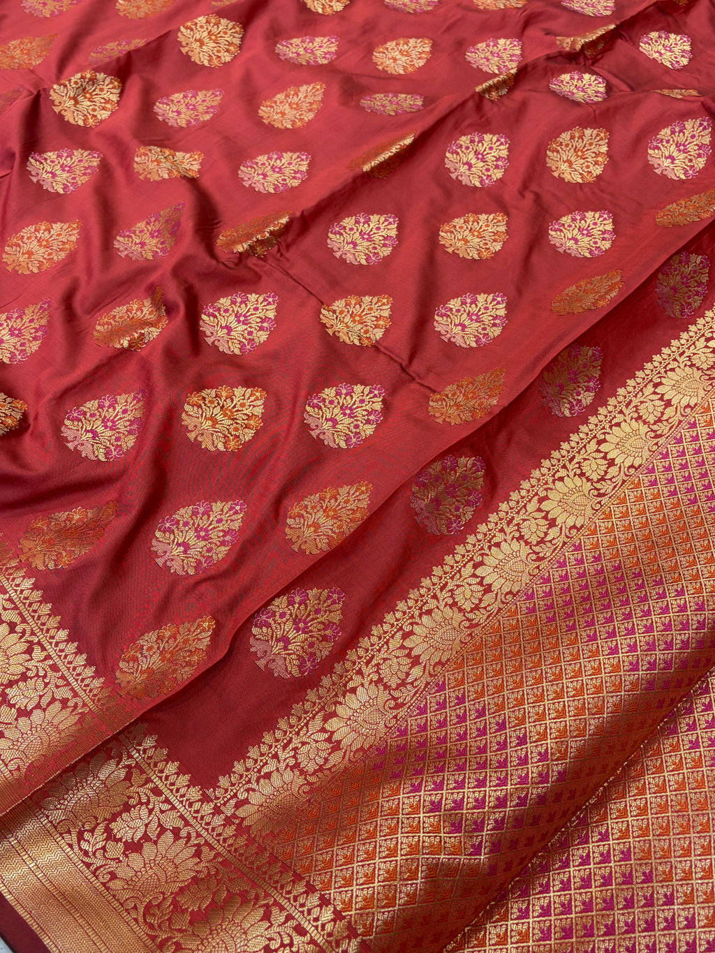 Banarasi katan by katan silk saree in cherry Red colour with multiple meenakari work