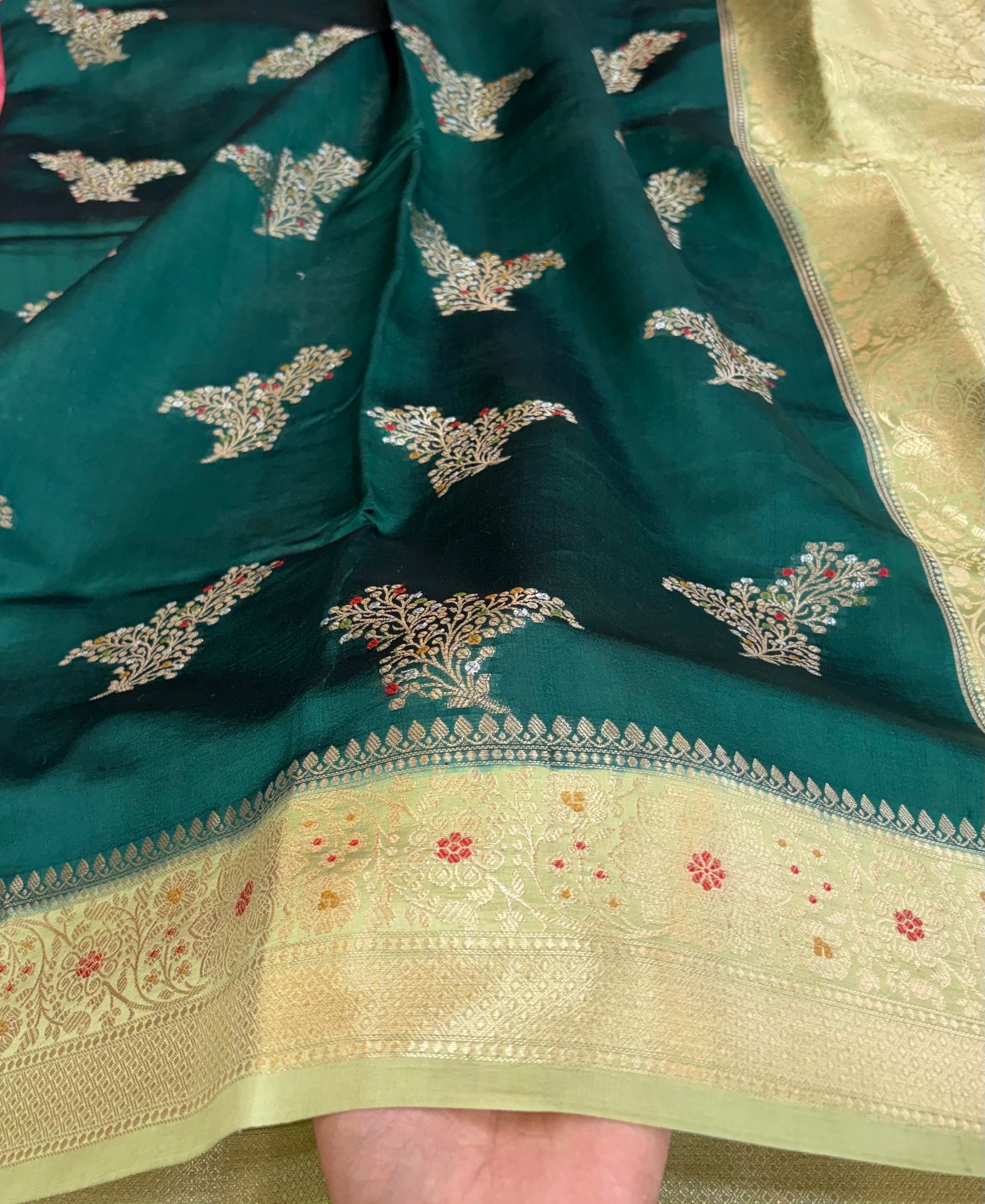 Pure raw mango saree in bottle green with pistachio green colour combination