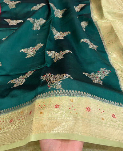 Pure raw mango saree in bottle green with pistachio green colour combination