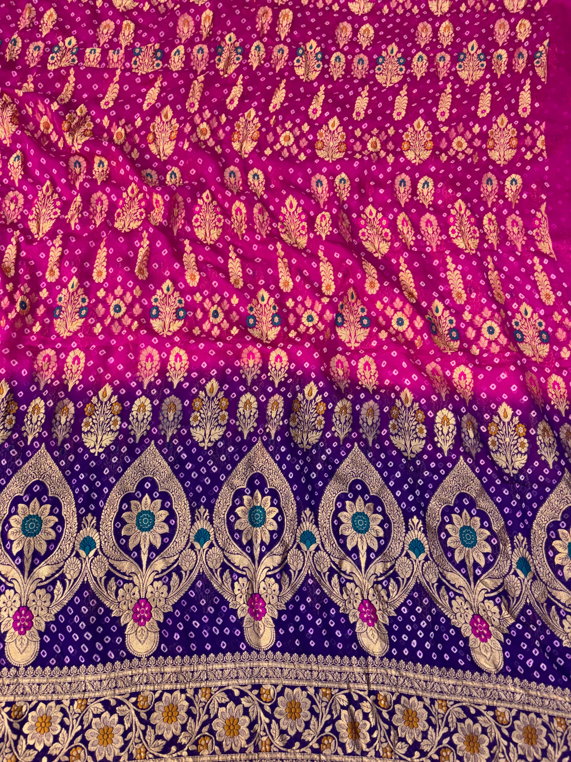 Pure georgette bandhani suit in Rani pink with purple colour