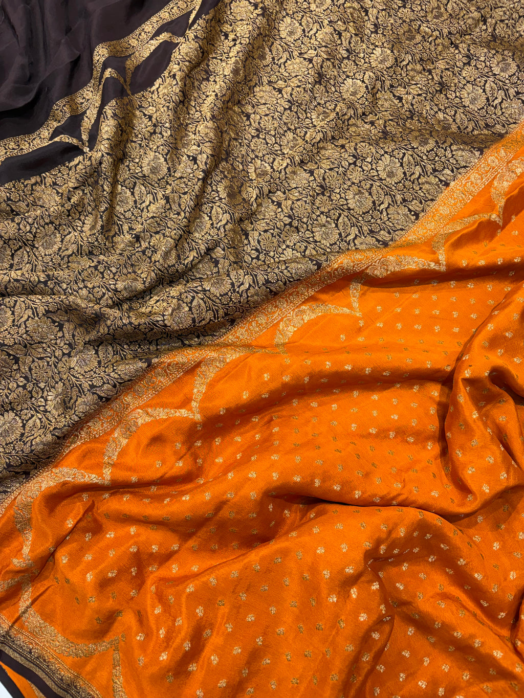 Pure khaddi crepe silk saree in rust orange with chocolate brown colour