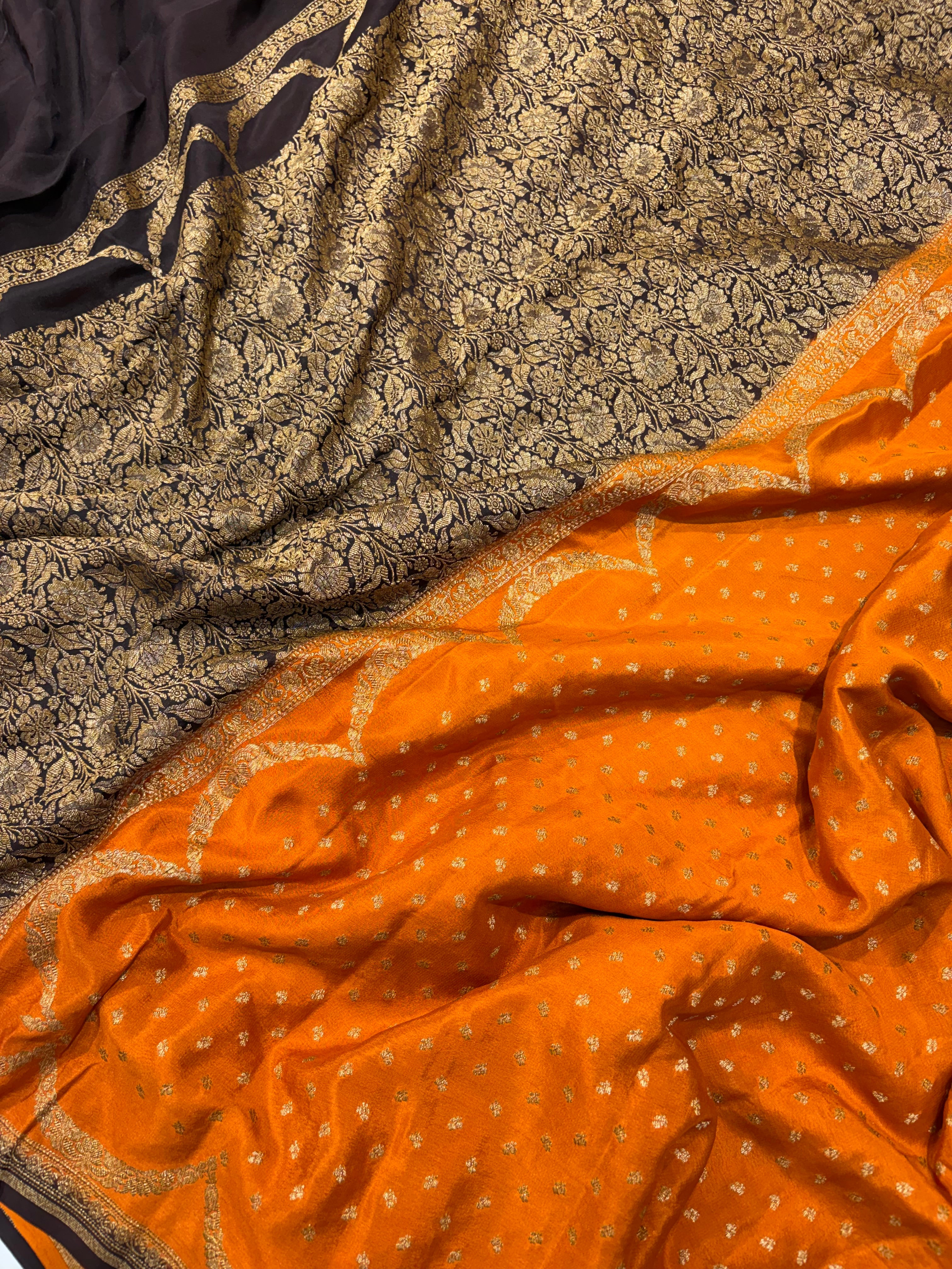 Pure khaddi crepe silk saree in rust orange with chocolate brown colour