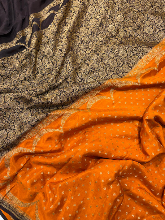 Pure khaddi crepe silk saree in rust orange with chocolate brown colour