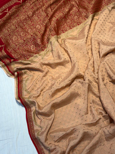 Pure khaddi crepe silk saree in Peach with Red colour
