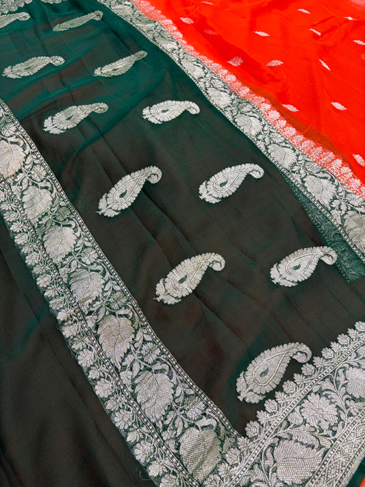Beautiful Pure khaddi chiffon saree in beautiful contrast colour