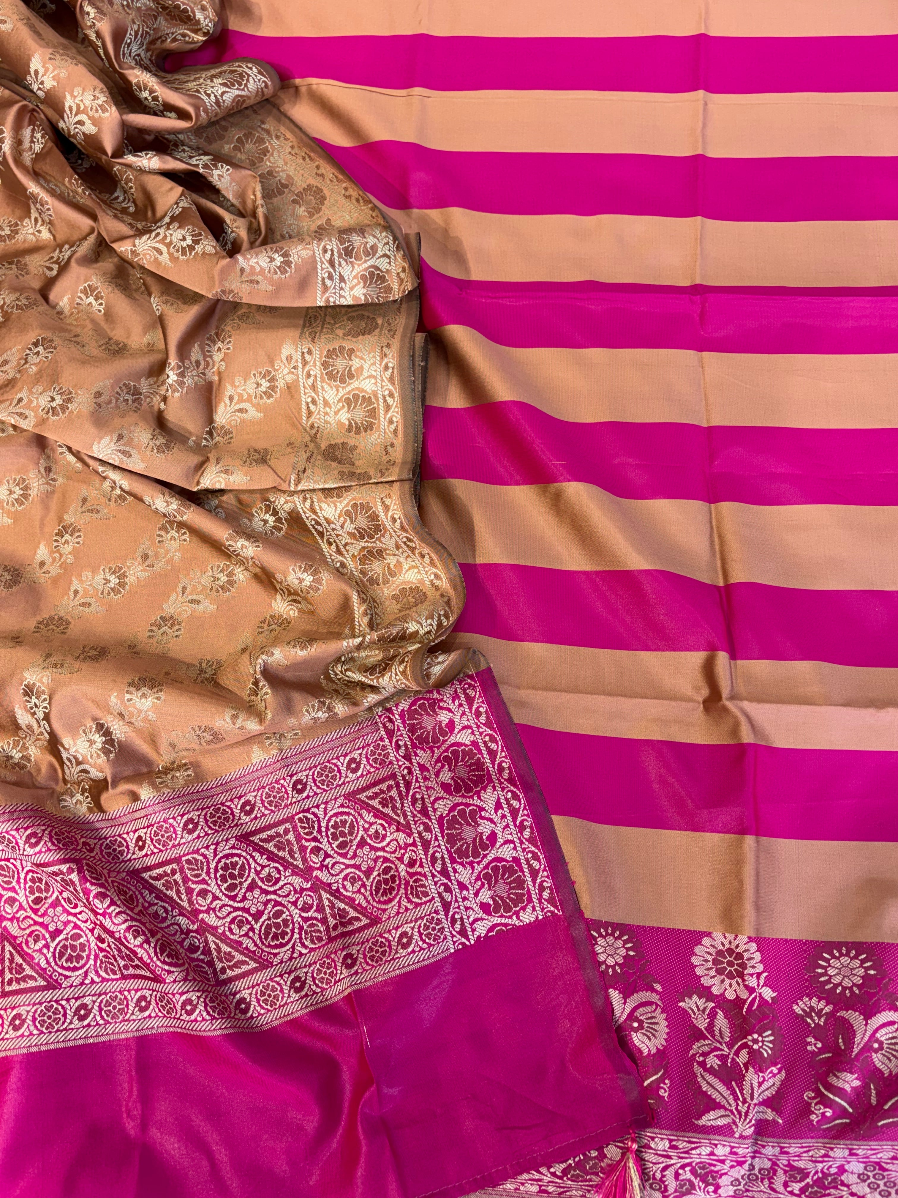 Banarasi soft silk suit in cream with pink  colour combination