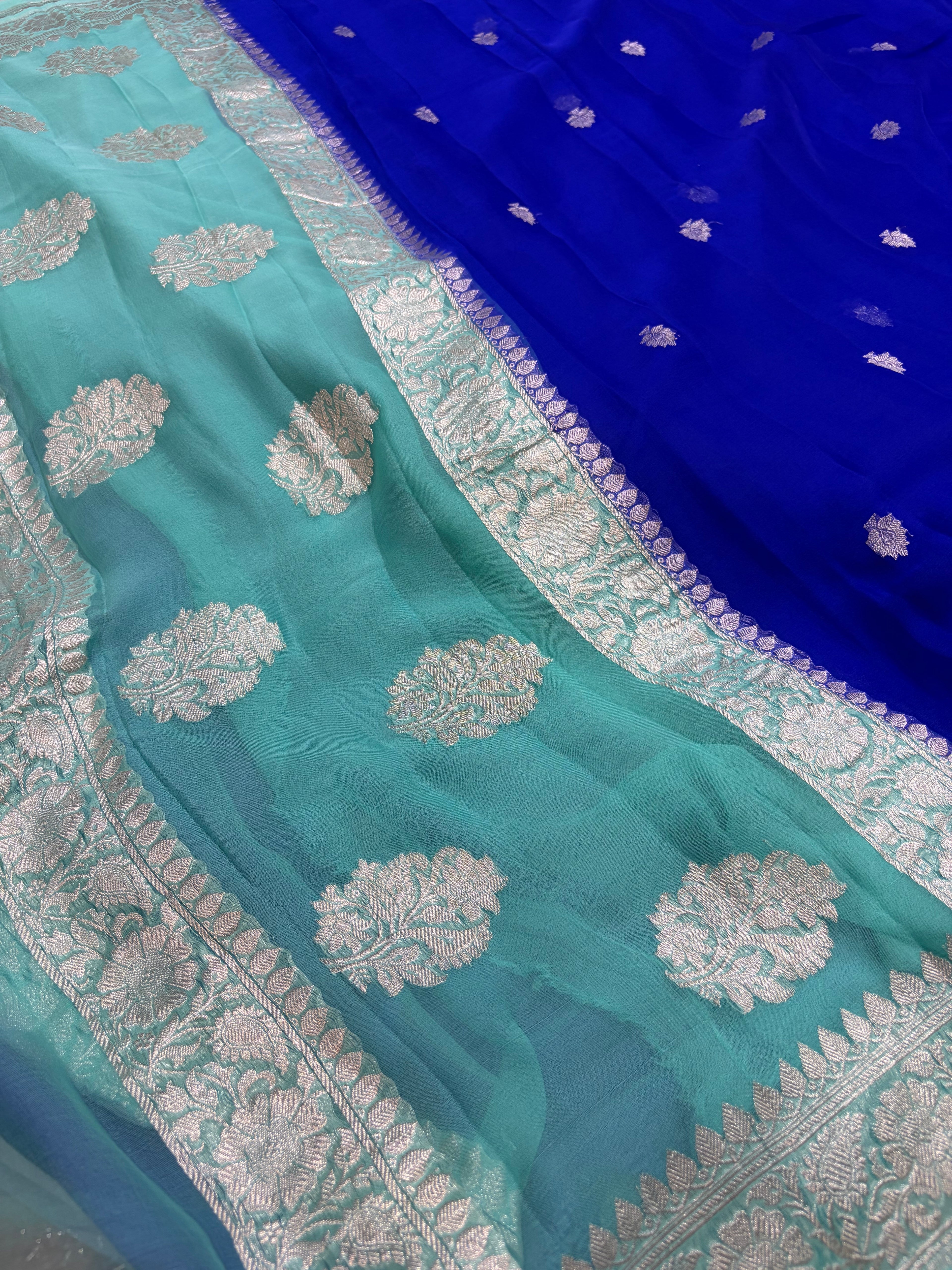 Pure khaddi chiffon saree in Royal blue and sea green colour