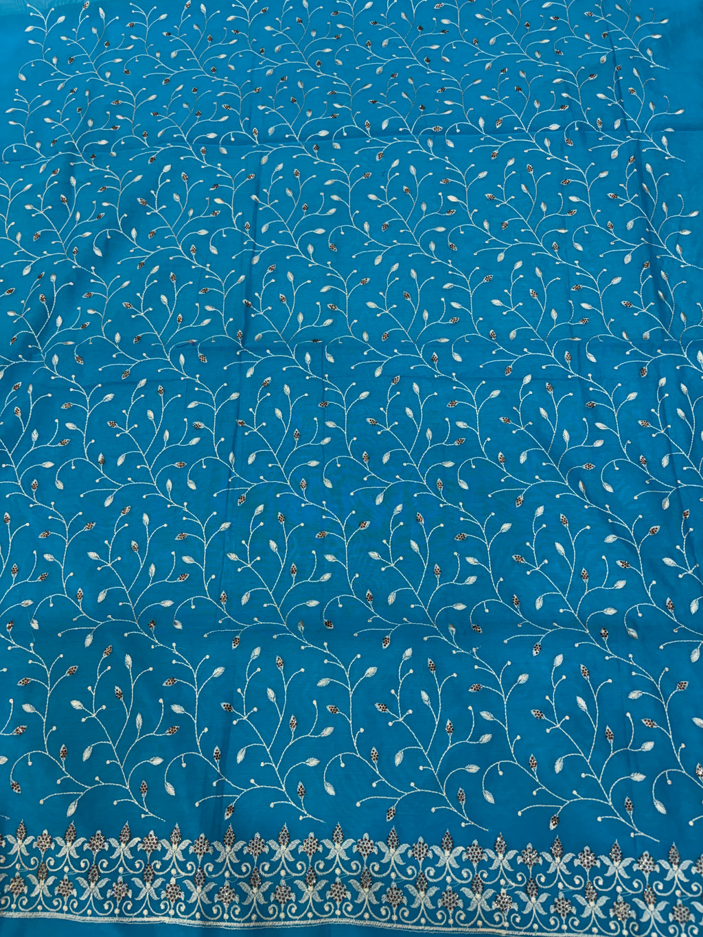 Banarasi sapphire blue soft silk suit with all over embroidery work