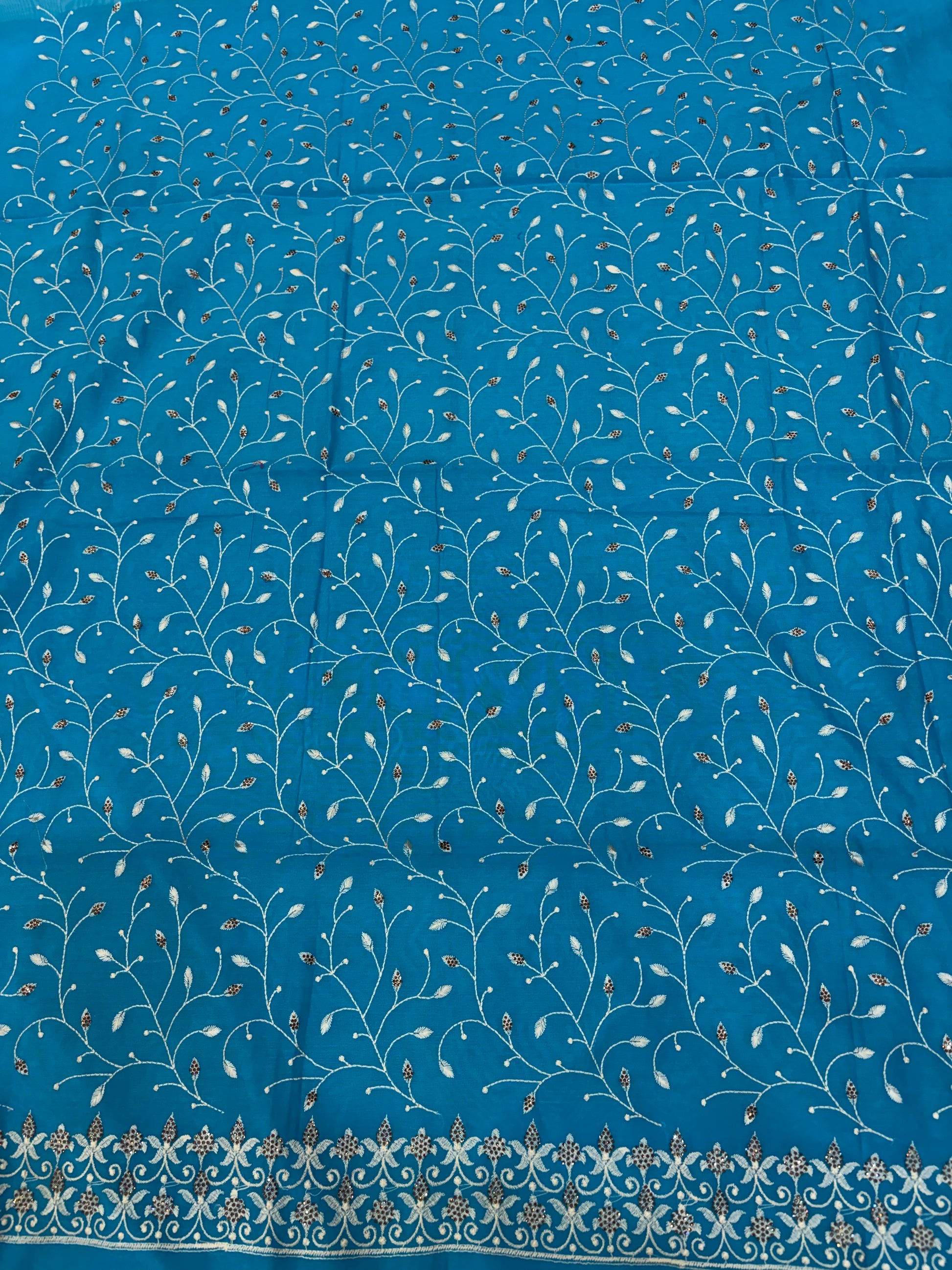 Banarasi sapphire blue soft silk suit with all over embroidery work