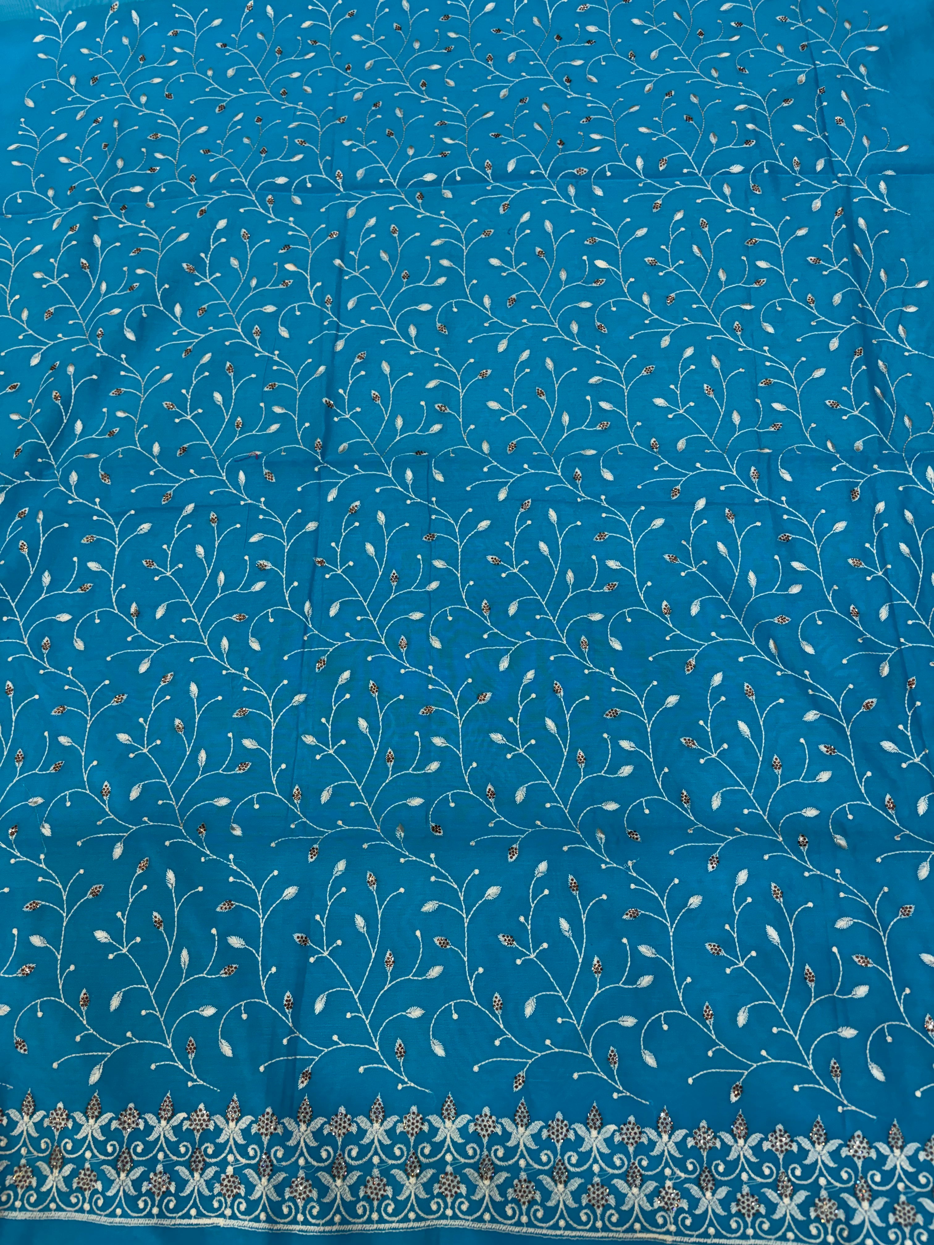 Banarasi sapphire blue soft silk suit with all over embroidery work