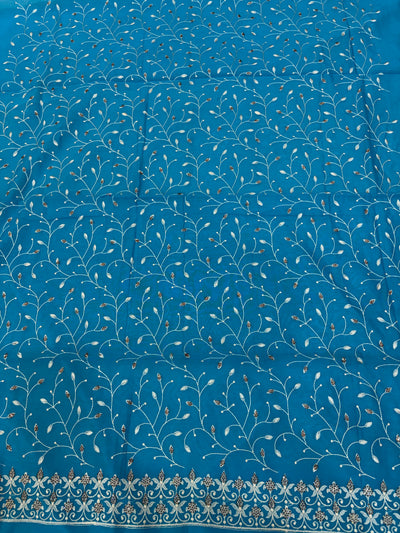 Banarasi sapphire blue soft silk suit with all over embroidery work