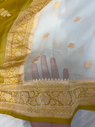 Pure khaddi chiffon saree with gold zari work in off white with olive yellow colour