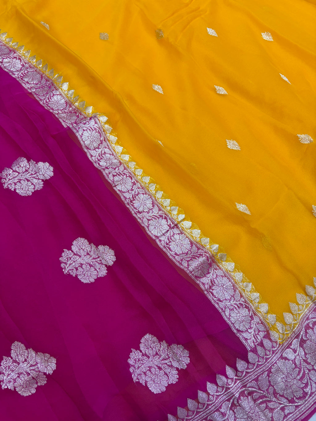 Pure khaddi chiffon saree in mustard with Rani colour