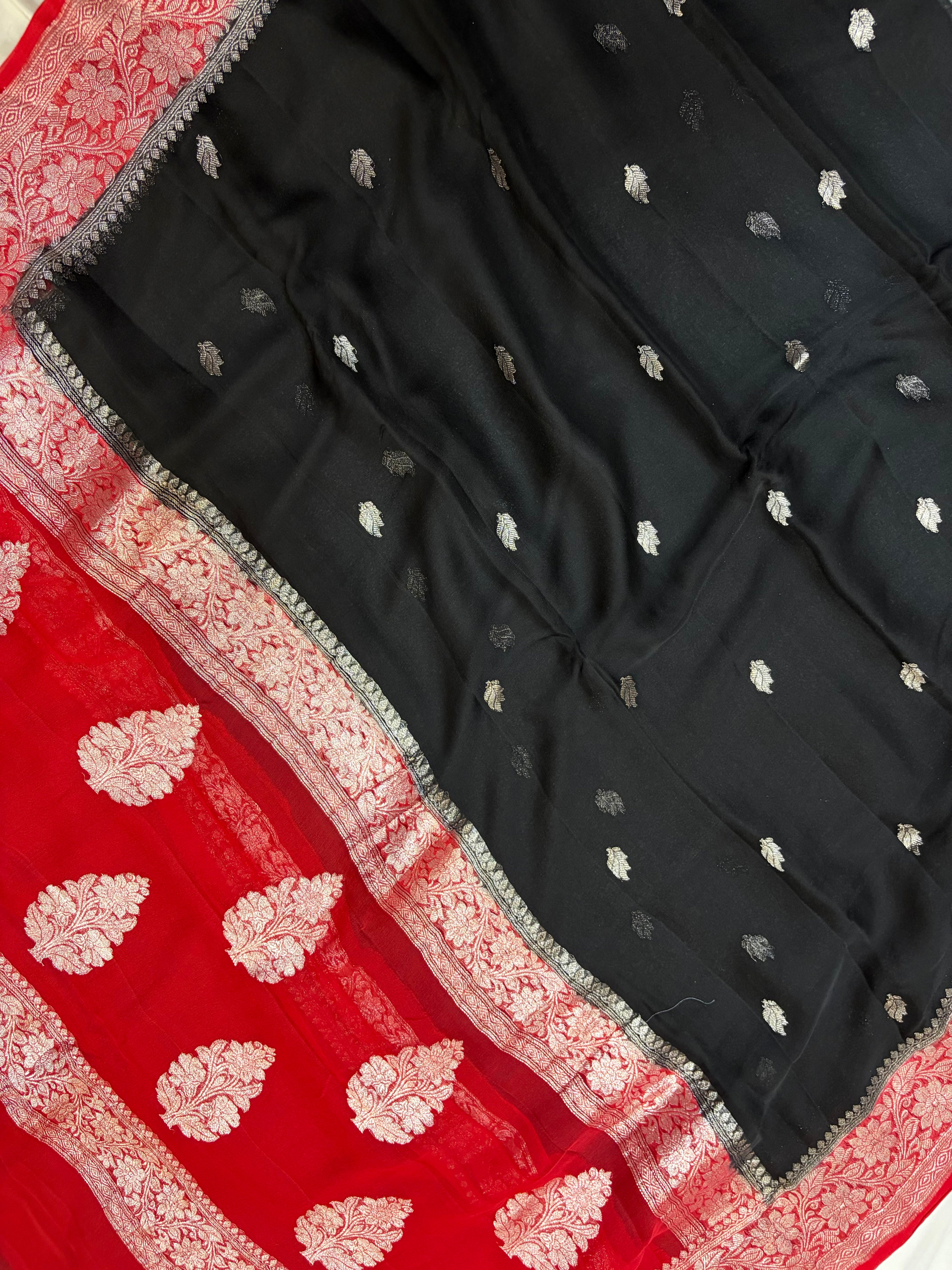 Pure khaddi chiffon saree in black & red colour