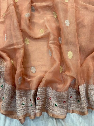 PURE KHADDI TISSUE SILK SAREE IN PEACH COLOUR