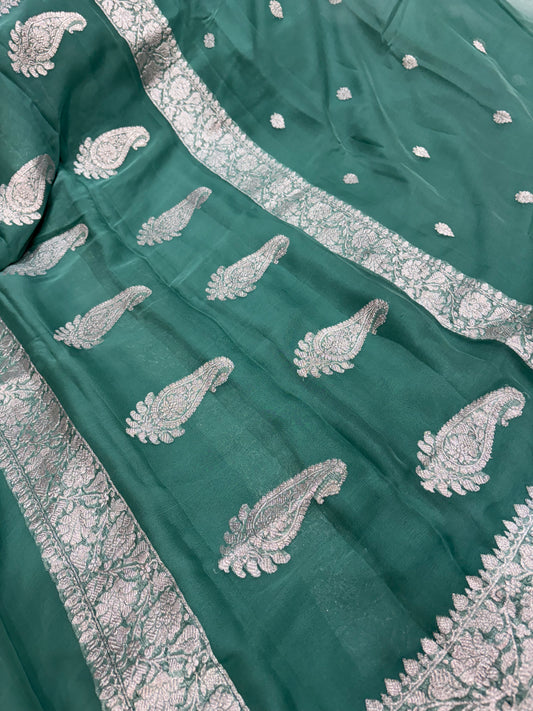Pure khaddi chiffon saree in Teal green colour