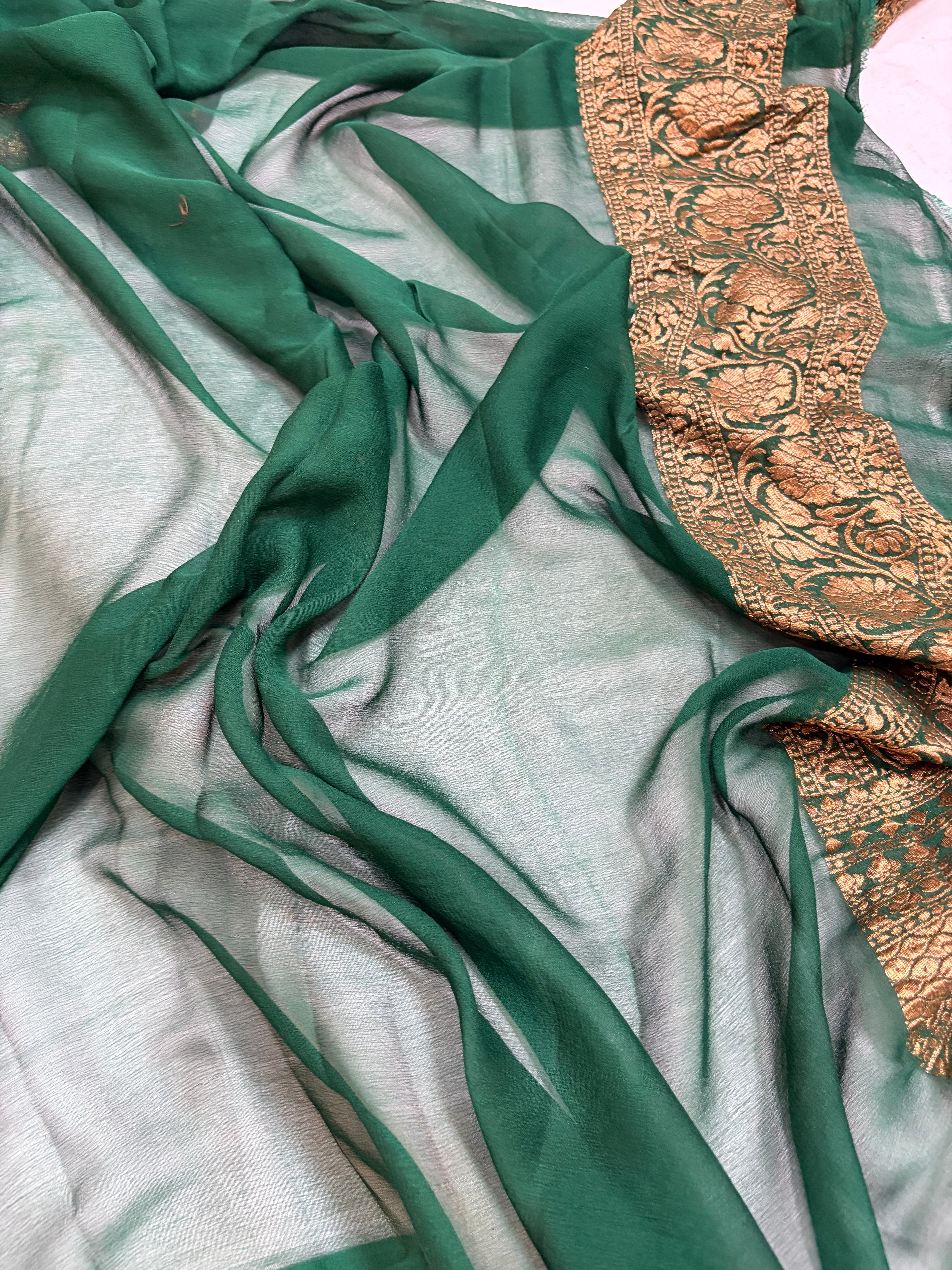 Pure georgette silk saree in Dark magenta with bottle green