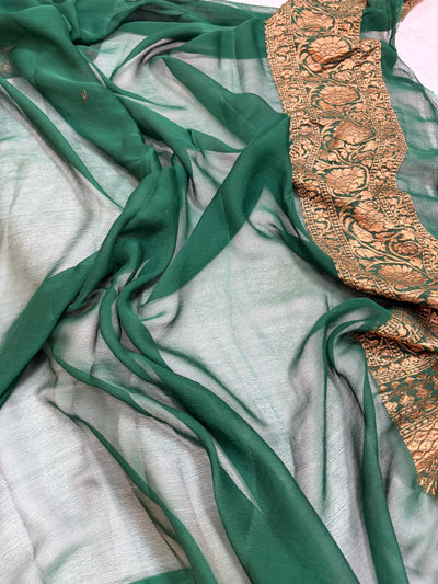 Pure georgette silk saree in Dark magenta with bottle green
