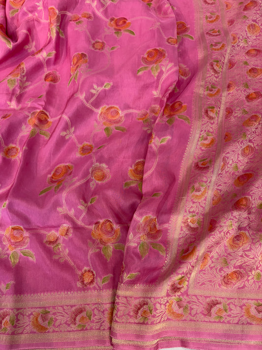 Pink rosy jaal georgette silk Banarasi saree