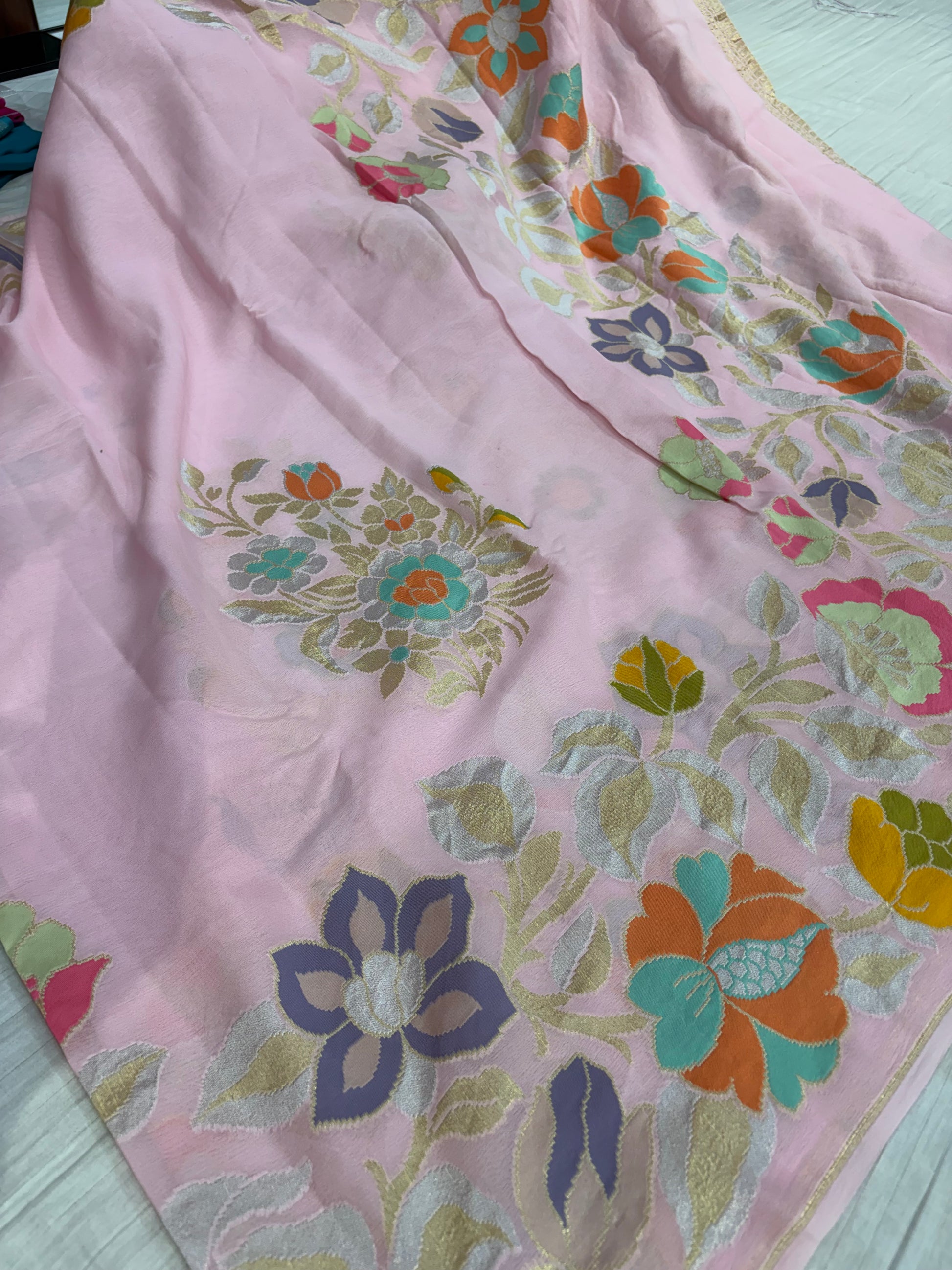 Pure Banarasi handloom georgette silk saree in baby pink colour with all over meenakari work