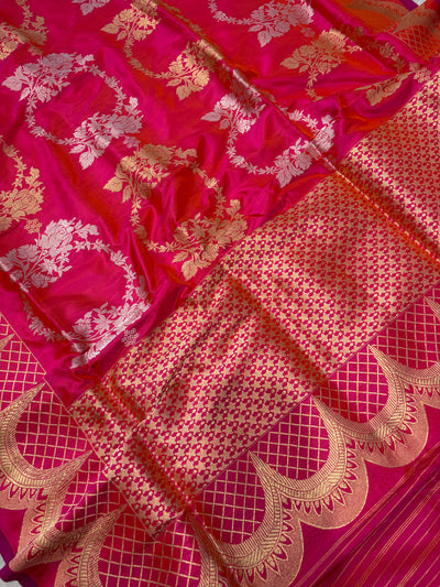 Premium pure katan silk saree with sona rupa work in beautiful rani colour