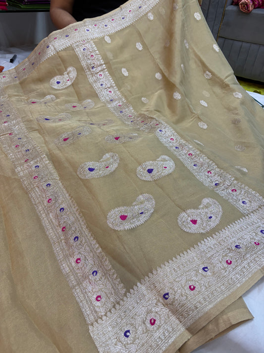 LIGHT CHIKU COLOUR PURE KHADDI CHIFFON TISSUE SILK SAREE