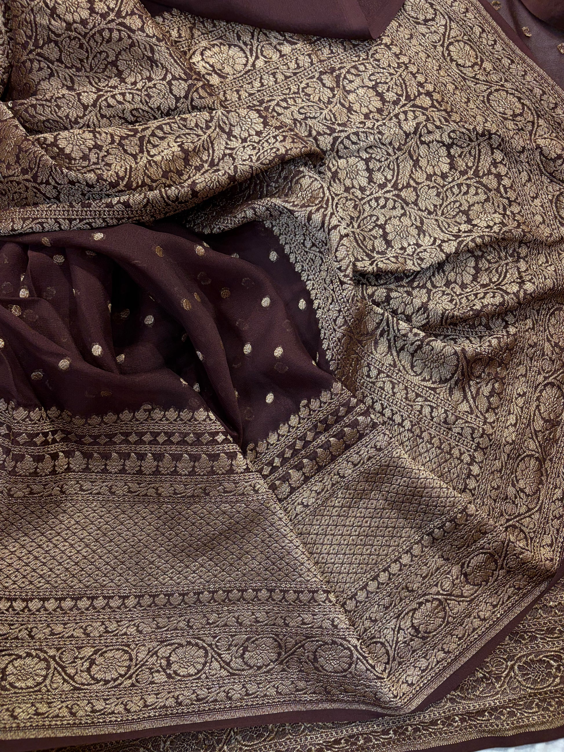 Pure georgette silk saree in Dark Brown colour