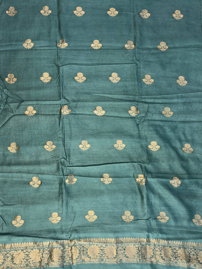 Pure handwoven Chiniya silk suit in teal green colour