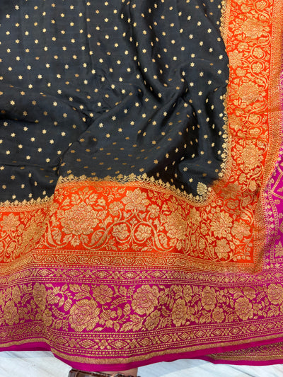 Pure khaddi crepe silk saree with 3D border in black orange & rani pink colour combination