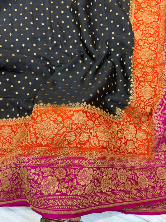 Pure khaddi crepe silk saree with 3D border in black orange & rani pink colour combination