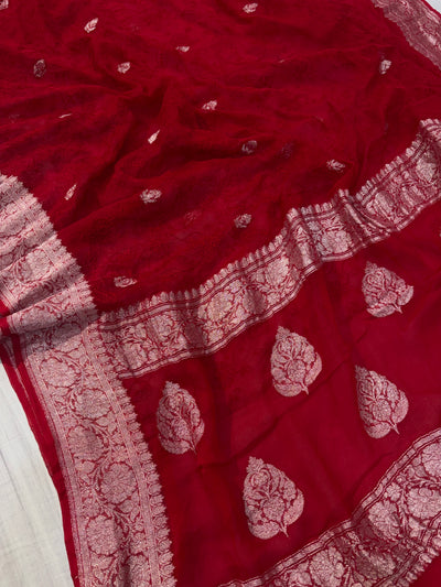 Pure khaddi chiffon saree in red colohr with all over chickenkari work
