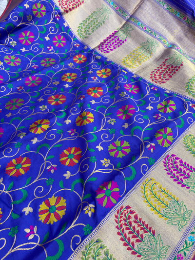 Royal blue pure handloom katan Banarasi silk saree with multi meena jaal & paithani muniya border