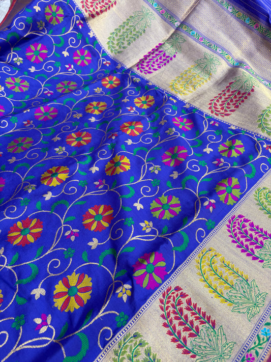 Royal blue pure handloom katan Banarasi silk saree with multi meena jaal & paithani muniya border