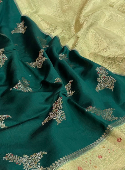 Pure raw mango saree in bottle green with pistachio green colour combination